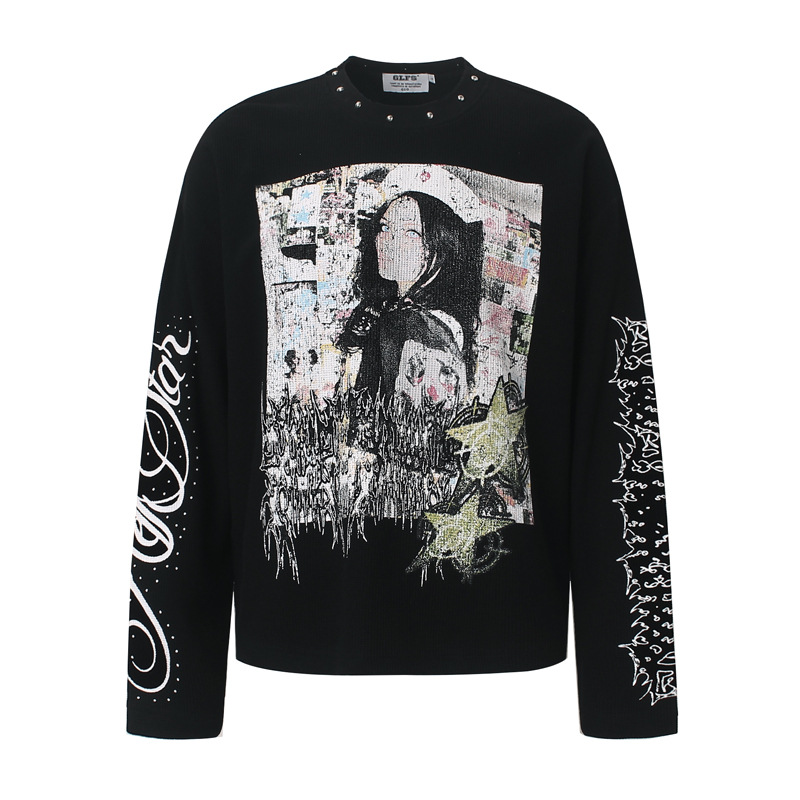 Street Fashion Men - T-shirt homme style graffiti avec rivets,