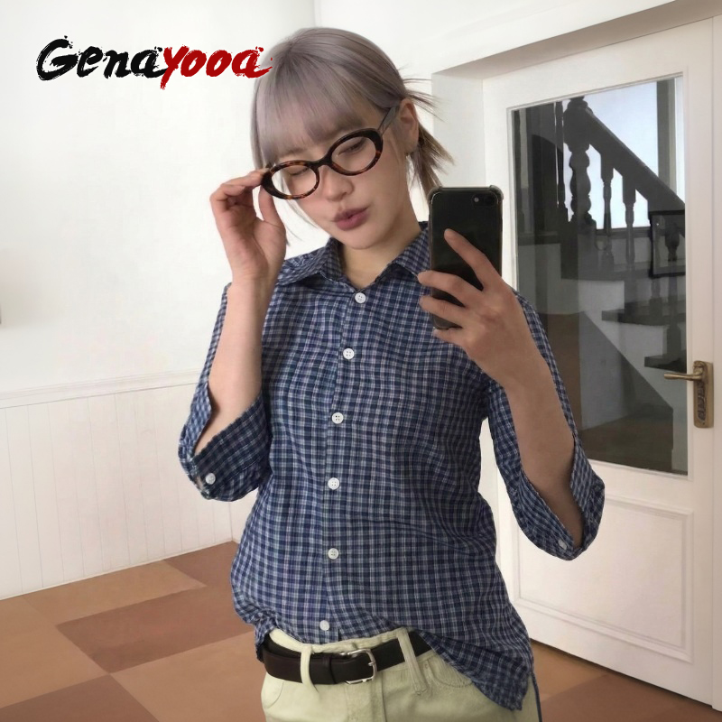 Street Fashion In Korea - Genayooa Y2k chemise à carreaux femmes