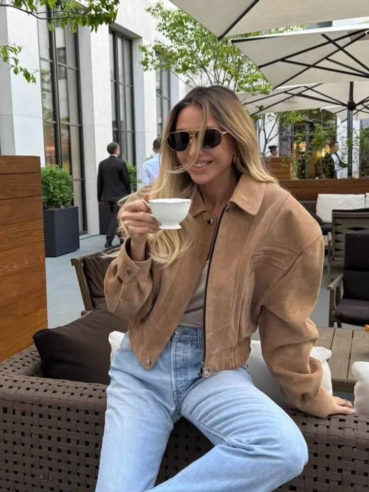 Veste courte en daim marron te - Street Fashion Taiwan avis et prix
